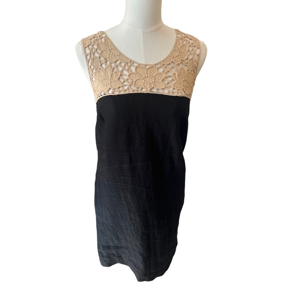 LOFT 6 Petite Linen Colorblock Sleeveless Shift Dress Crochet Detail 100% Linen